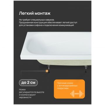 Акриловая ванна Диво Кострома 150x70 см, пристенная, белая, на ножках, Diwo