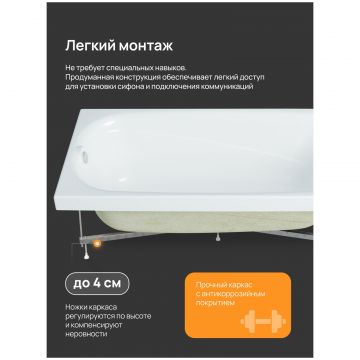 Акриловая ванна Диво Кострома 150x70 см, пристенная, с каркасом, со сливом-переливом, Diwo