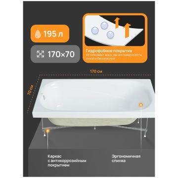 Акриловая ванна Диво Кострома 170x70 см, пристенная, белая, с каркасом, Diwo