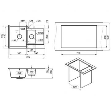 Мойка кухонная прямоугольная Granula Estetica двухчашевая с разделочной доской, чаша 360x430, 180x285 мм, ES-7808 графит