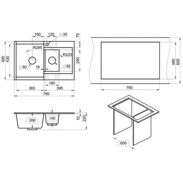Мойка кухонная прямоугольная Granula Estetica двухчашевая с разделочной доской, чаша 360x430, 180x285 мм, ES-7808 шварц