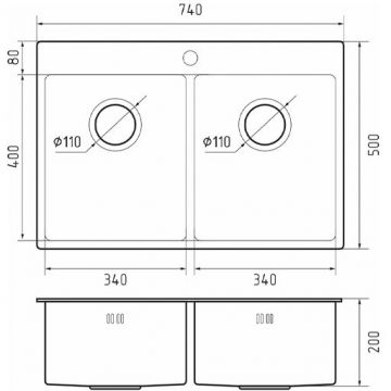 Мойка кухонная прямоугольная Rivelato Rinox 2В PVD (7450 2В PVD black)