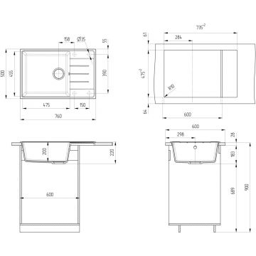 Мойка кухонная Ulgran из кварцевого композита прямоугольная Quartz Prima, цвет: бетон, база: 73.5х47.5 см, арт. Prima 760-05