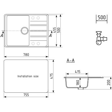 Мойка кухонная Ulgran (Улгран) из кварцевого композита прямоугольная Quartz Prima, цвет: платина, база: 75.5х47.5 см, арт. Prima 780-04
