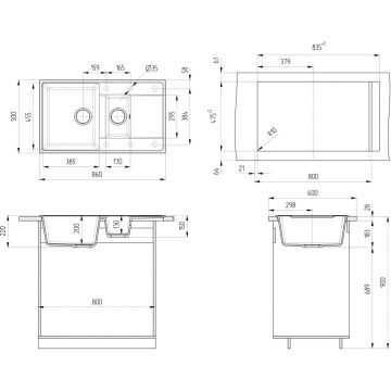 Мойка кухонная Ulgran из кварцевого композита прямоугольная Quartz Prima, цвет: асфальт, база: 83.5х47.5 см, арт. Prima 860 1,5K-09