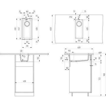 Мойка кухонная Ulgran из кварцевого композита прямоугольная Quartz Under, цвет: бетон, база: 16х40 см, арт. Under 160-05
