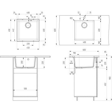 Мойка кухонная Ulgran из кварцевого композита квадратная Quartz Under, цвет: асфальт, база: 40х40 см, арт. Under 400-09