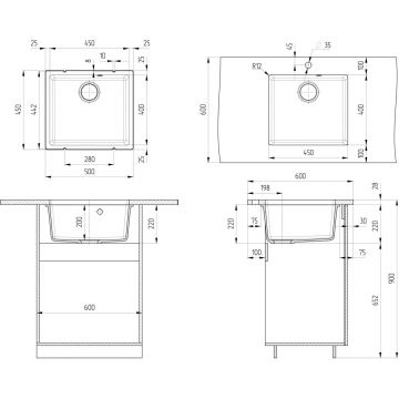 Мойка кухонная Ulgran из кварцевого композита прямоугольная Quartz Under, цвет: платина, база: 45х40 см, арт. Under 450-04