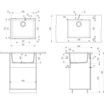 Мойка кухонная Ulgran из кварцевого композита прямоугольная Quartz Under, цвет: бетон, база: 50х40 см, арт. Under 500-05