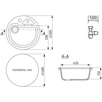 Мойка кухонная Ulgran (Улгран) из искусственного мрамора круглая U-108, цвет: черный, база: 48х48 см, арт. U-108-308