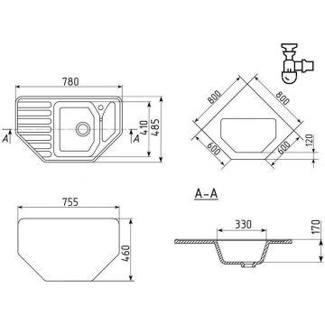 Мойка кухонная Ulgran (Улгран) из искусственного мрамора многоугольная U-109, цвет: графит, база: 75.5х46 см, арт. U-109-342