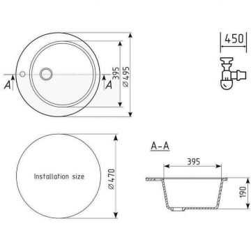 Мойка кухонная Ulgran (Улгран) из искусственного мрамора круглая U-405, цвет: серый, база: 47х47 см, арт. U-405-310