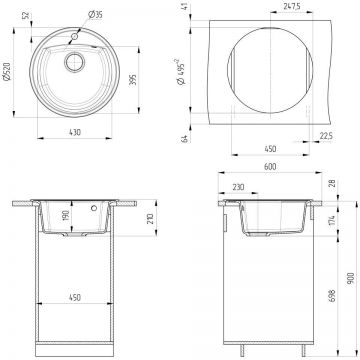 Мойка кухонная Ulgran из искусственного мрамора круглая  U-603, цвет: черный, база: 49.5х49.5 см, арт. U-603-308