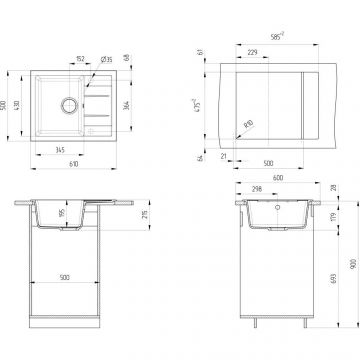 Мойка кухонная Ulgran из искусственного мрамора прямоугольная  U-607, цвет: песочный, база: 58.5х47.5 см, арт. U-607-302