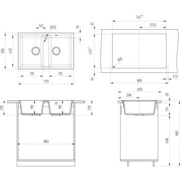 Мойка кухонная Ulgran из искусственного мрамора прямоугольная  U-608, цвет: черный, база: 74.5х47.5 см, арт. U-608-308