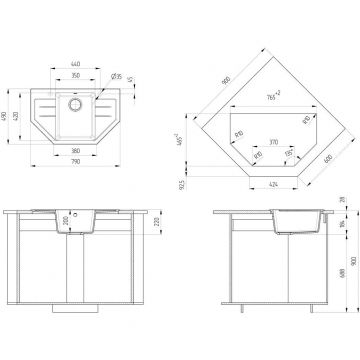 Мойка кухонная Ulgran (Улгран) из искусственного мрамора угловая U-609, цвет: темно-серый, база: 76.5х46.5 см, арт. U-609-309