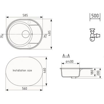 Мойка кухонная Ulgran (Улгран) из кварцевого композита овальная Quartz Nora, цвет: уголь, база: 56х46 см, арт. Nora 585-07