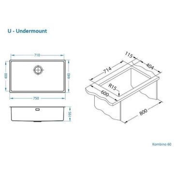 Мойка кухонная прямоугольная Alveus (Алвеус) Kombino 60 Нержавеющая сталь SAT (1142615) с сифоном