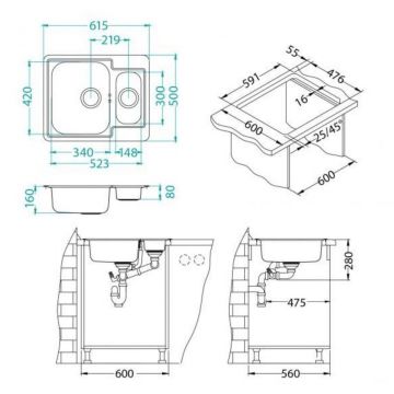 Мойка кухонная прямоугольная Alveus (Алвеус) Line 50 Нержавеющая сталь NAT (1065676) с сифоном