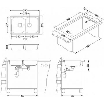 Мойка кухонная прямоугольная Alveus (Алвеус) Line 90 Нержавеющая сталь NAT (1066751) с сифоном 1064391