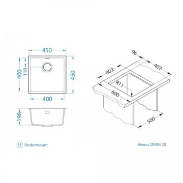 Мойка кухонная квадратная Alveus (Алвеус) Granital Omni 20 Concrete-G81 (1150045) с сифоном 1145083