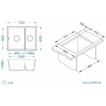 Мойка кухонная прямоугольная Alveus (Алвеус) Granital Omni 50 Arctic-G11 (1150065) с сифоном 1145083