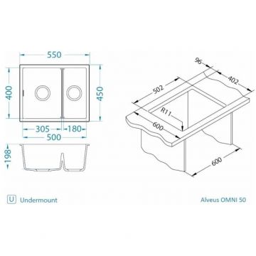 Мойка кухонная прямоугольная Alveus (Алвеус) Granital Omni 50 Carbon-G91 (1150069) с сифоном 1145083
