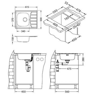 Мойка кухонная прямоугольная Alveus (Алвеус) Zoom 10 Нержавеющая сталь NAT (1098940) с сифоном 1130550