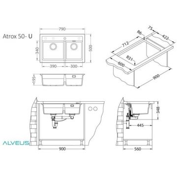 Мойка кухонная прямоугольная Alveus Granital Atrox 50 Carbon-G91 (1132002) с сифоном
