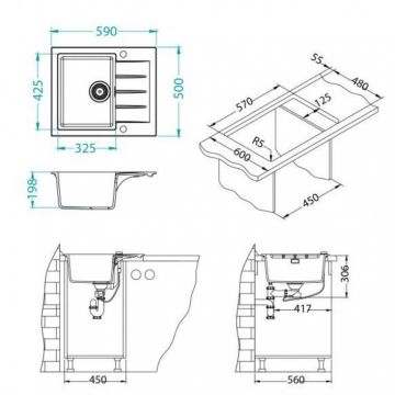 Мойка кухонная прямоугольная Alveus (Алвеус) Granital Cadit 10 Concrete-G81 (1132020) с сифоном