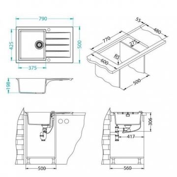 Мойка кухонная прямоугольная Alveus Granital Cadit 20 Carbon-G91 (1132026) с сифоном