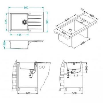 Мойка кухонная прямоугольная Alveus (Алвеус) Granital Cadit 40 Concrete-G81 (1132030) с сифоном