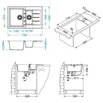 Мойка кухонная прямоугольная Alveus (Алвеус) Granital Cadit 70 Carbon-G91 (1131361) с сифоном