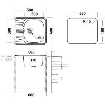 Мойка кухонная Домачи Равенна Форт DCO 580*480 (6) R1TG 58x48, сталь, встраиваемая сверху, нержавеющая сталь, Domaci