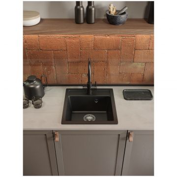Мойка кухонная Домачи Римини M-GS18-BL 41x47, черная, встраиваемая сверху, кварц, Domaci