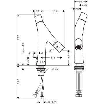 Смеситель для раковины Axor (Аксор) Starck Organic, с двумя рукоятками 280, 12010340 шлифованный черный хром