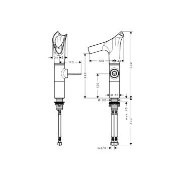 Смеситель для раковины Axor (Аксор) Starck V, 220, со стеклянным изливом, с незапираемым сливным набором 12114000 хром