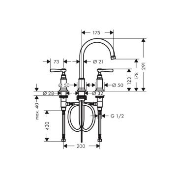 Смеситель для раковины Axor (Аксор) Montreux, на 3 отверстия, 180, с рычаговыми рукоятками, со сливным гарнитуром, 16514000 хром