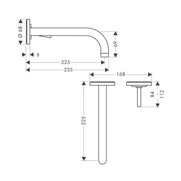 Смеситель для раковины Axor (Аксор) Uno, однорычажный, с отдельными розетками и изливом 225 мм, СМ (нужна СЧ 13623180) 38116000 хром