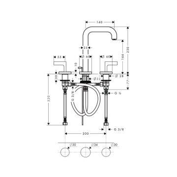 Смеситель для раковины Axor (Аксор) Citterio, на 3 отверстия, с рычаговыми рукоятками и розетками, со сливным гарнитуром, 39135000 хром