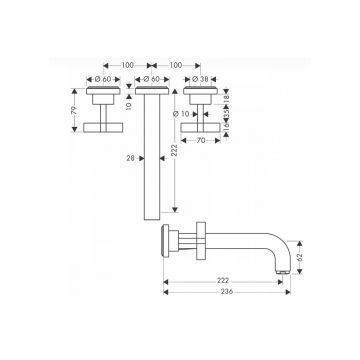 Смеситель для раковины Axor (Аксор) Citterio на 3 отверстия, настенный, 39143300 полированное красное золото