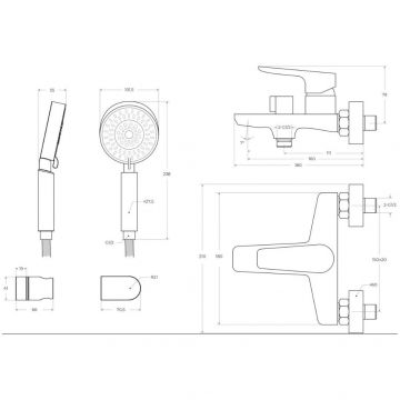 Смеситель для ванны и душа BelBagno (Бельбагно) Etna в комплекте с ручным душем, шлангом и держателем, хром ANCONA-VAS/DFS-CRM