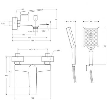 Смеситель для ванны и душа BelBagno (Бельбагно) Ardente в комплекте с ручным душем, шлангом и держателем, хром ARDENTE-VASM-CRM