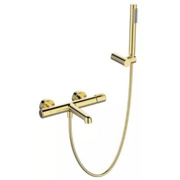 Смеситель для ванны и душа BelBagno (Бельбагно)Uno в комплекте с ручным душем, шлангом и держателем, золото UNO-VASM/DFS-ORO