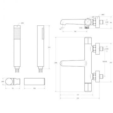 Смеситель для ванны и душа BelBagno (Бельбагно)Uno в комплекте с ручным душем, шлангом и держателем, золото UNO-VASM/DFS-ORO