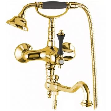 Смеситель для ванны Cezares (Цезарис) с поворотным изливом и ручным душем, золото, ручка черная MARGOT-VDFM2-03/24-N