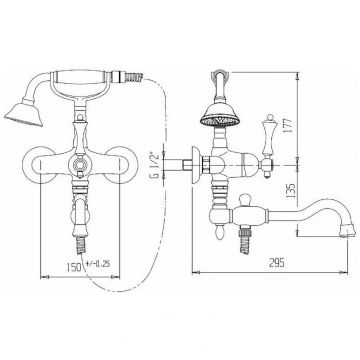 Смеситель для ванны Cezares (Цезарис) с поворотным изливом и ручным душем, золото, ручка черная MARGOT-VDFM2-03/24-N