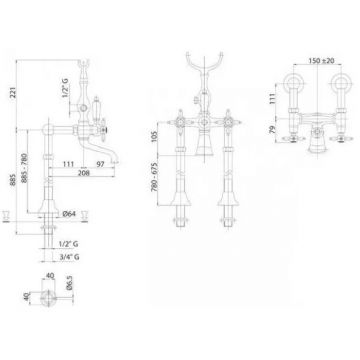 Напольный Смеситель для ванны Cezares (Цезарис) с ручным душем, Золото NOSTALGIA-VDP-03/24-M