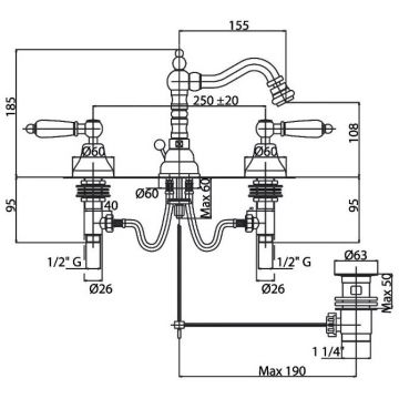 Смеситель для биде Cezares (Цезарис) на три отвер. с донным клапаном, золото, ручки Swarovski Ner DIAMOND-BBS2-03-Sw-N