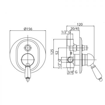 Встраиваемый однорычажный смеситель Cezares (Цезарис) для душа с переключателем, золото, ручка Swarovski VINTAGE-VDIM-03/24-Sw
